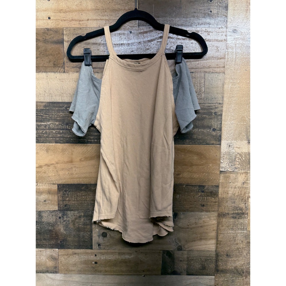 Free People Cold Shoulder Cutout Tee Tan Grey Distressed Raw Hem Size S